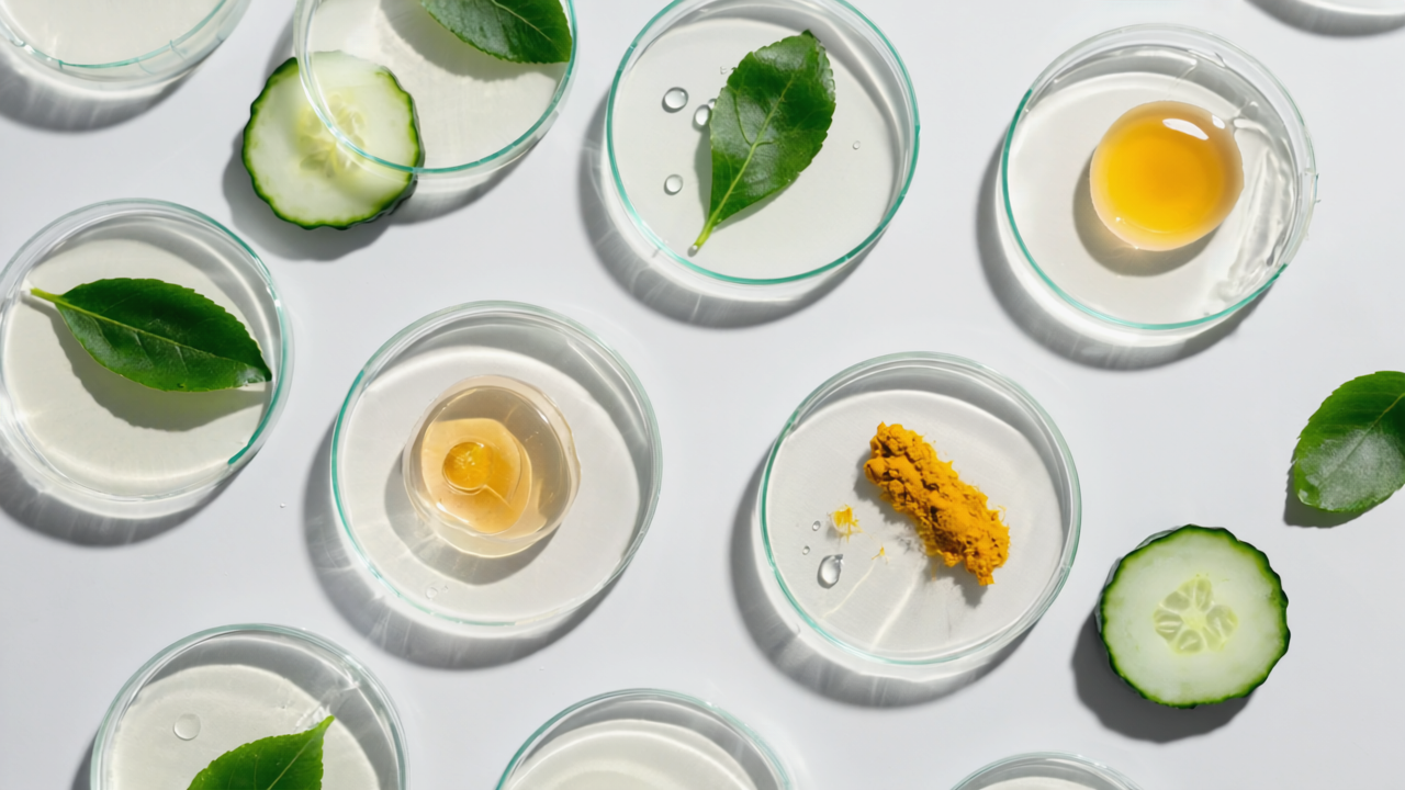 Various natural ingredients like leaves, aloe vera, and cucumber slices in petri dishes on a white background